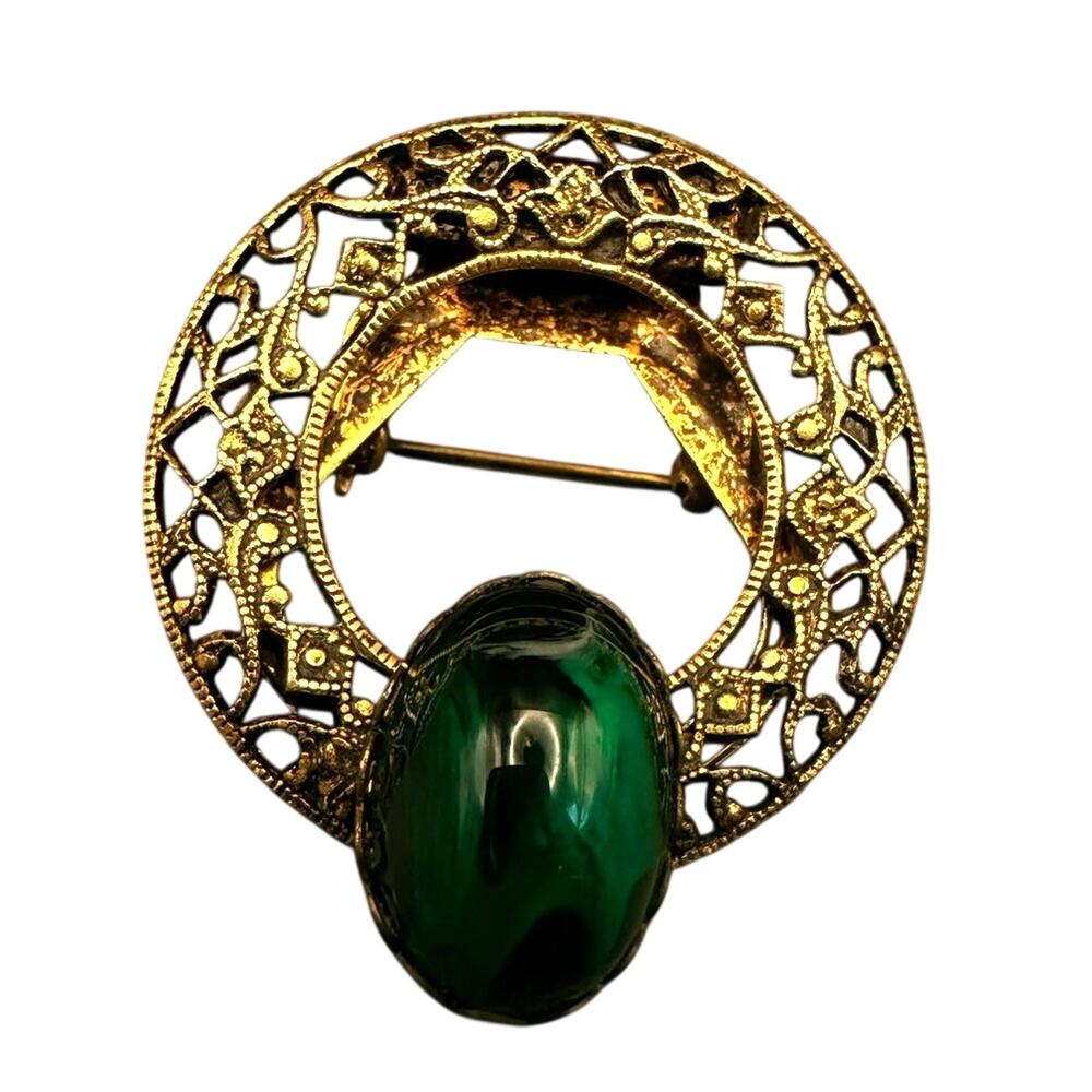 Vintage Filigree Convertible Brooch and Scarf Clip Gold-tone Green Glass Stone